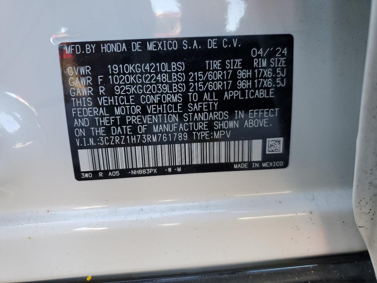 2024 HONDA HR-V EXL VIN:3CZRZ1H73RM761789