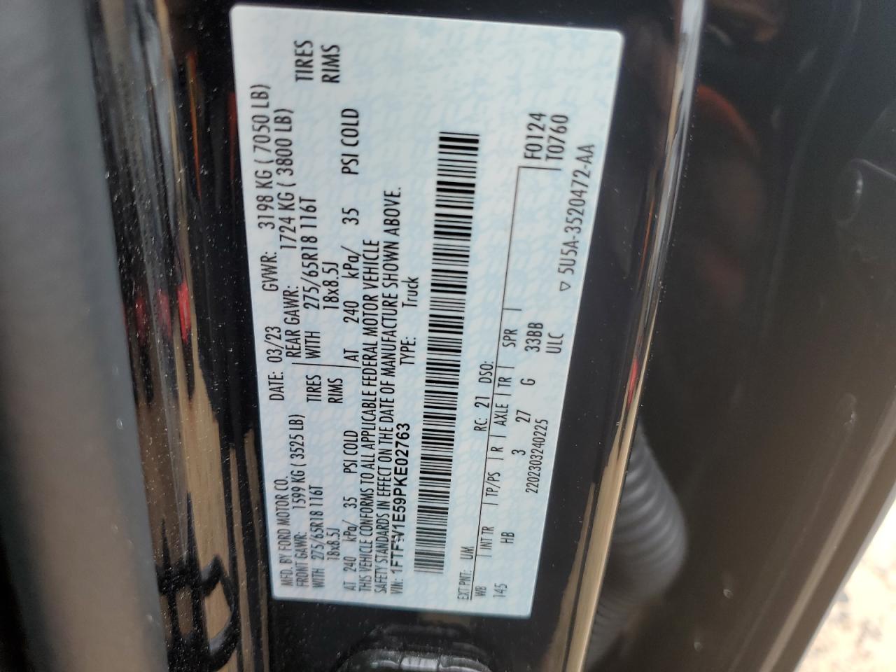 2023 FORD F150 SUPERCREW VIN:1FTFW1E59PKE02763