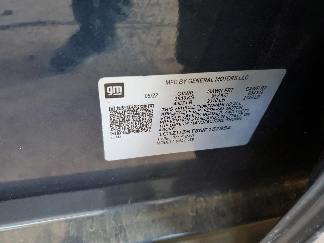 2022 CHEVROLET MALIBU LT VIN:1G1ZD5ST8NF157854