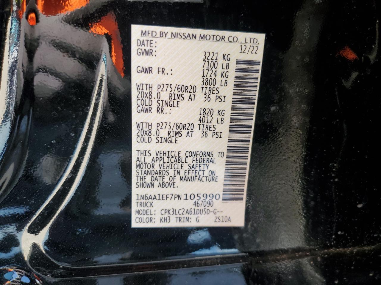 2023 NISSAN TITAN SV VIN:1N6AA1EF7PN105990