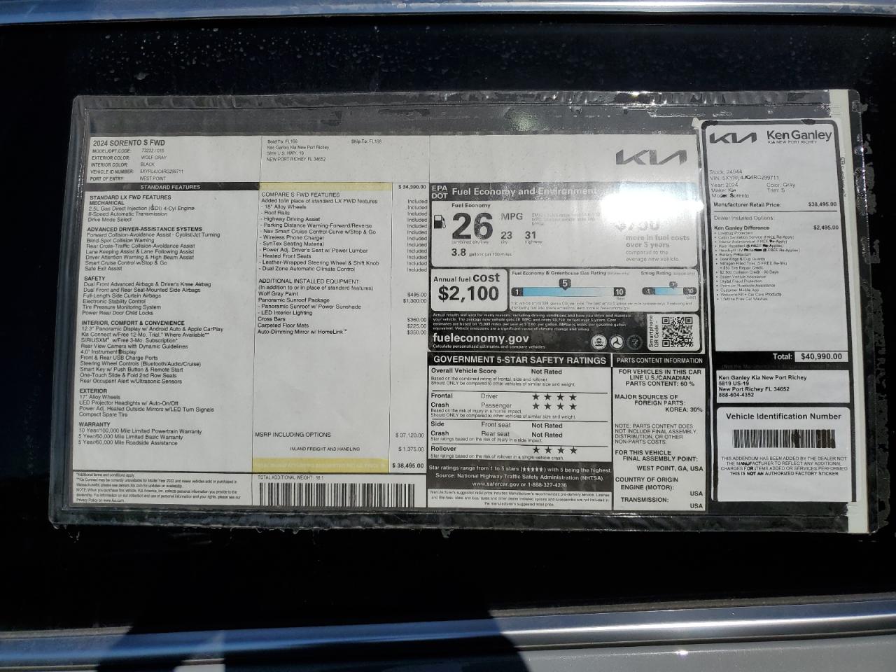 2024 KIA SORENTO S VIN:5XYRL4JC4RG299711