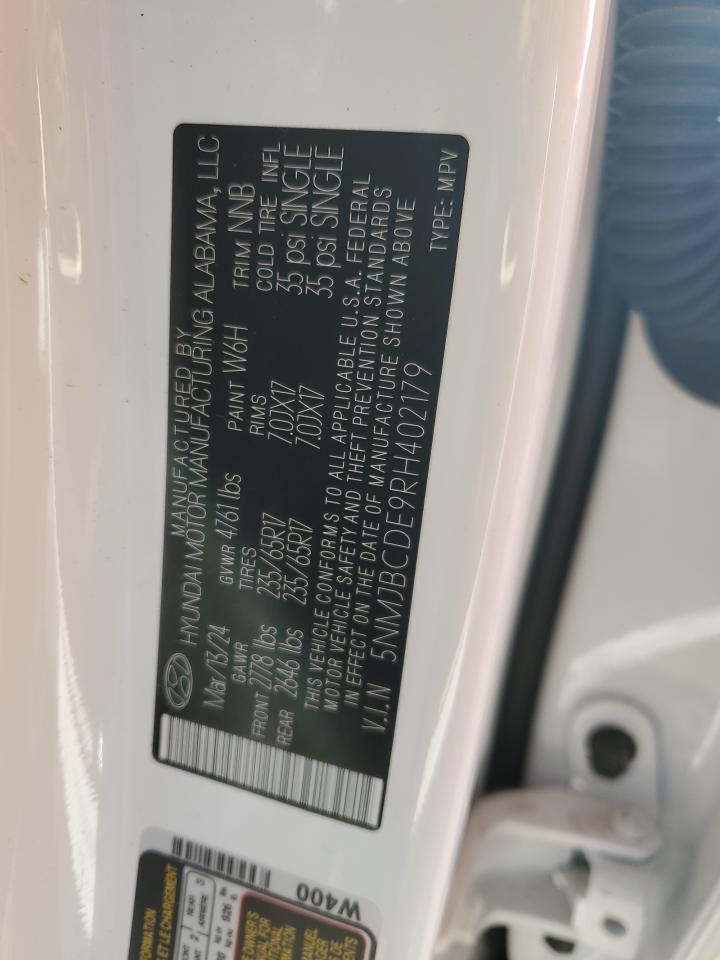 2024 HYUNDAI TUCSON SEL VIN:5NMJBCDE9RH402179