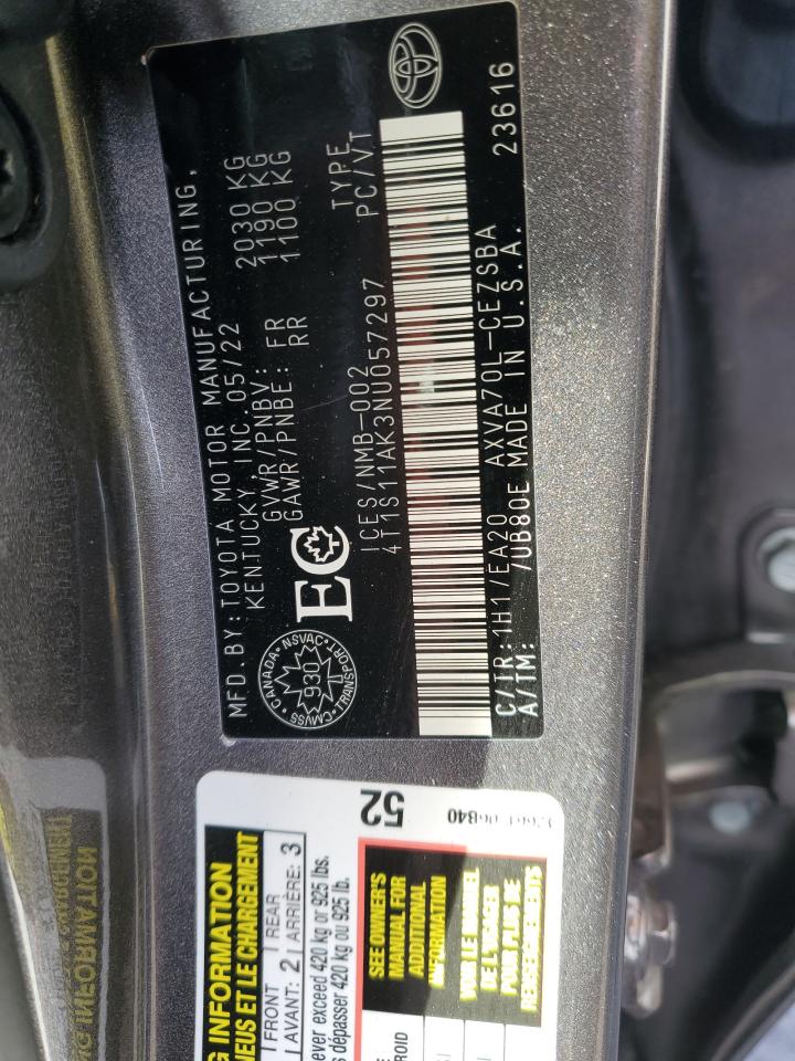 2022 TOYOTA CAMRY NIGHT SHADE VIN:4T1S11AK3NU057297