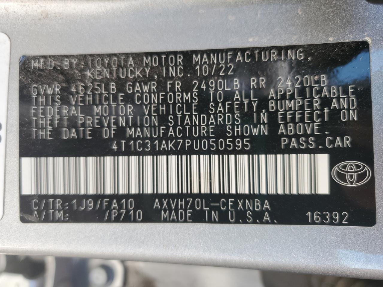 2023 TOYOTA CAMRY LE VIN:4T1C31AK7PU050595