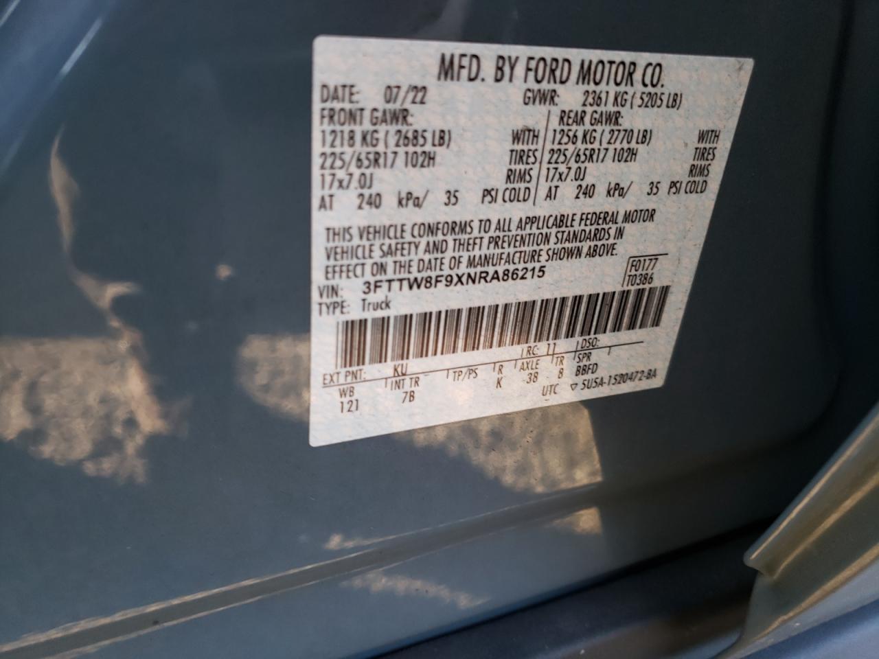 2022 FORD MAVERICK XL VIN:3FTTW8F9XNRA86215