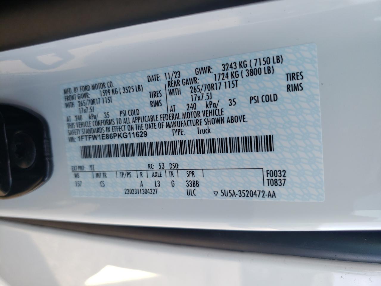2023 FORD F150 SUPERCREW VIN:1FTFW1E86PKG11629