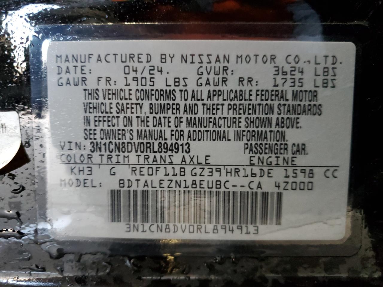2024 NISSAN VERSA S VIN:3N1CN8DV0RL894913