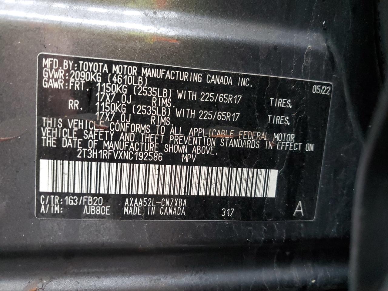 2022 TOYOTA RAV4 LE VIN:2T3H1RFVXNC192586