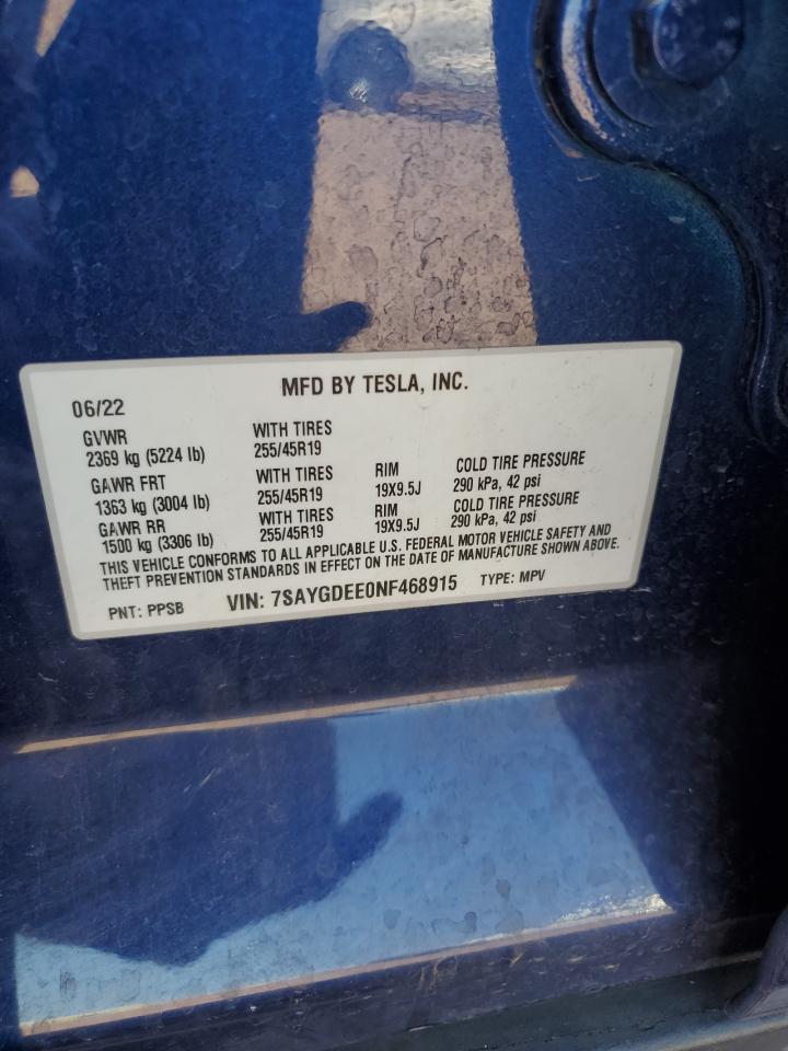 2022 TESLA MODEL Y  VIN:7SAYGDEE0NF468915