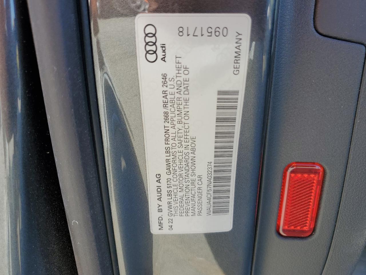 2022 AUDI S5 PREMIUM VIN:WAUA4CF57NA032374