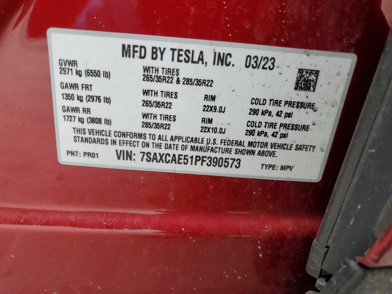 2023 TESLA MODEL X  VIN:7SAXCAE51PF390573
