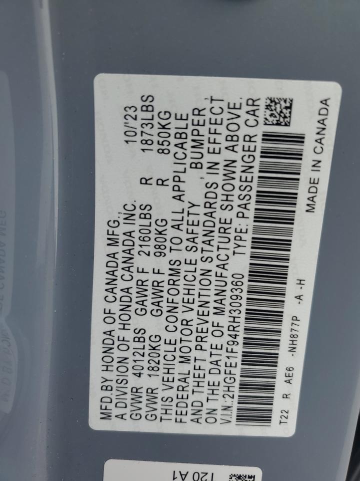 2024 HONDA CIVIC TOURING VIN:2HGFE1F94RH309360
