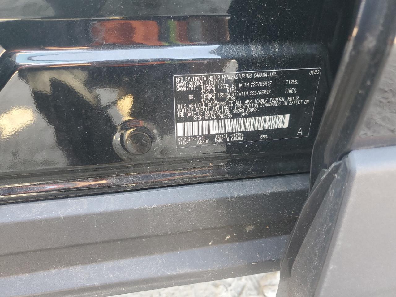 2022 TOYOTA RAV4 XLE VIN:2T3P1RFV4NC282165