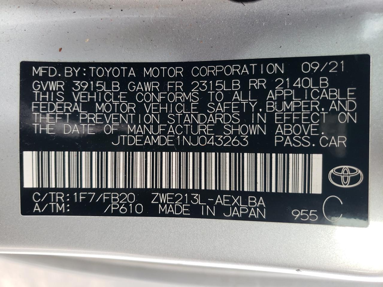 2022 TOYOTA COROLLA LE VIN:JTDEAMDE1NJ043263