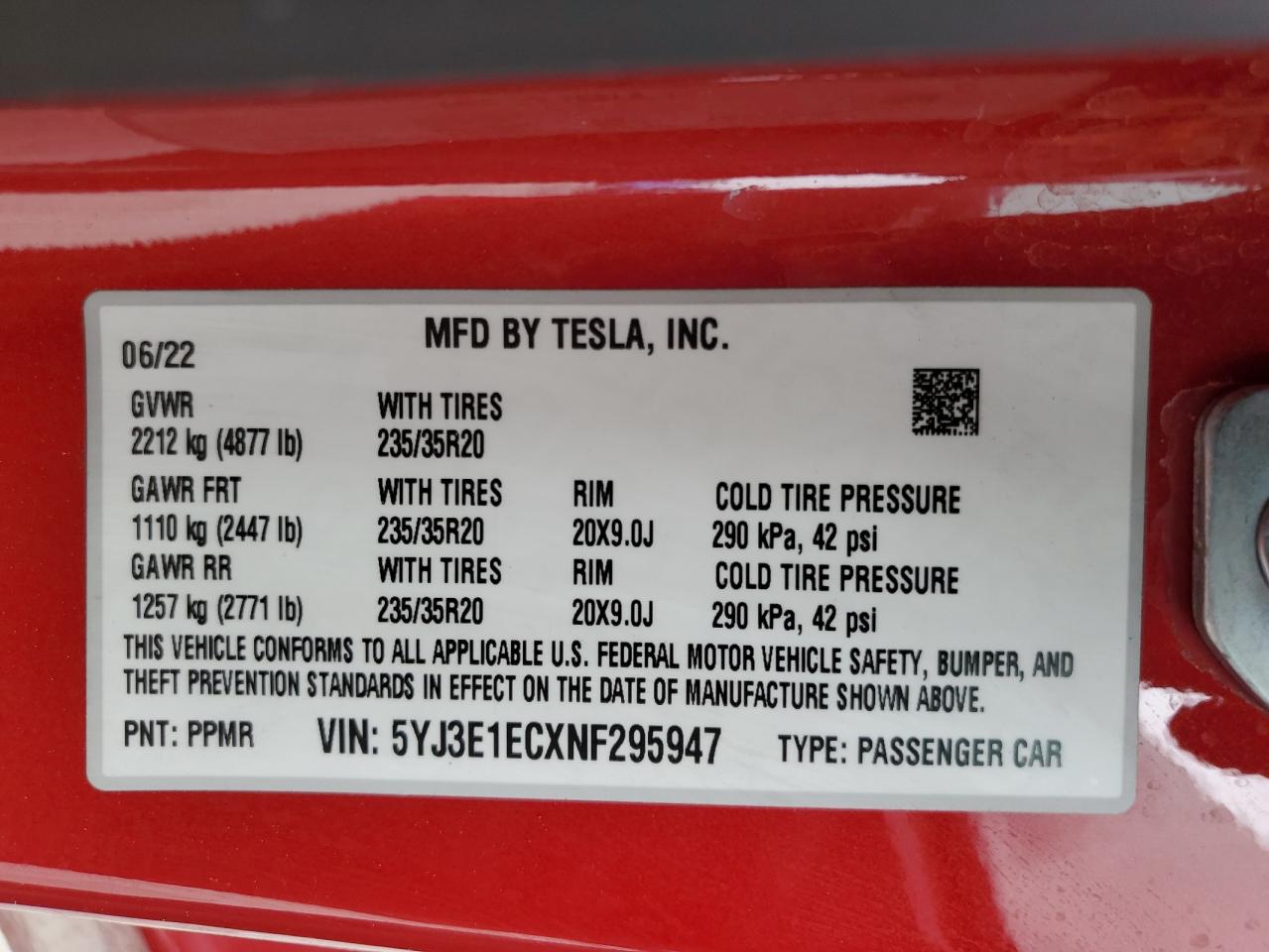 2022 TESLA MODEL 3  VIN:5YJ3E1ECXNF295947