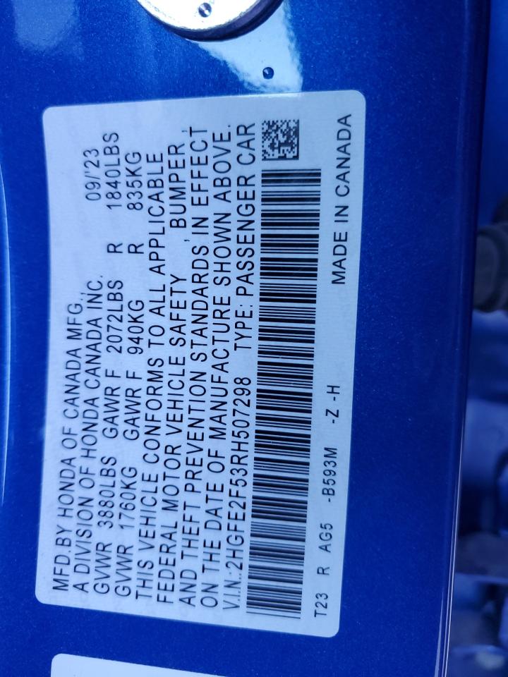 2024 HONDA CIVIC SPORT VIN:2HGFE2F53RH507298