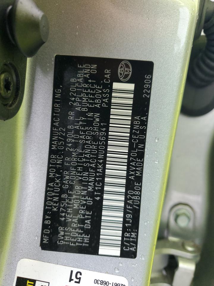 2022 TOYOTA CAMRY LE VIN:4T1C11AK4NU056941