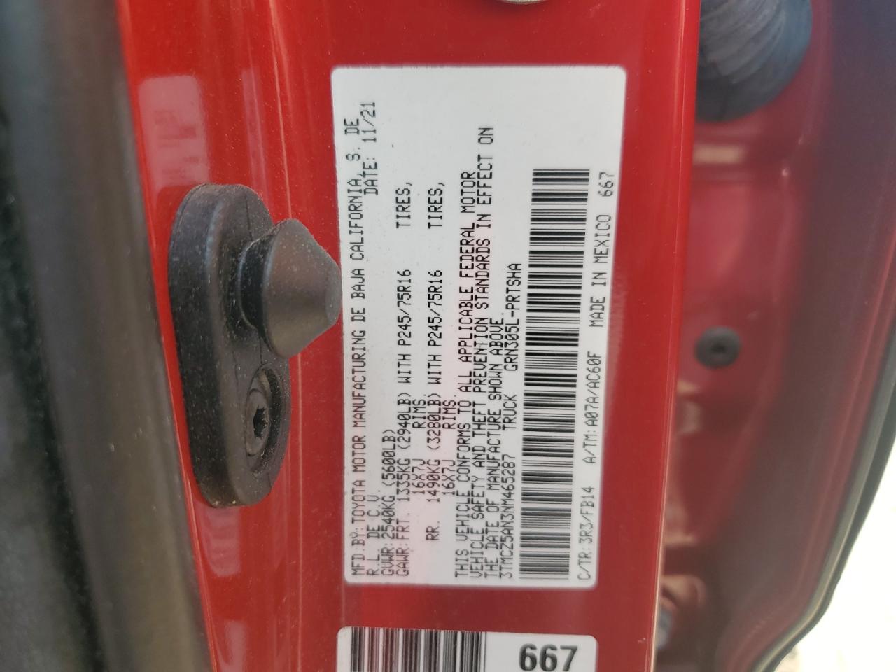 2022 TOYOTA TACOMA DOUBLE CAB VIN:3TMCZ5AN3NM465287