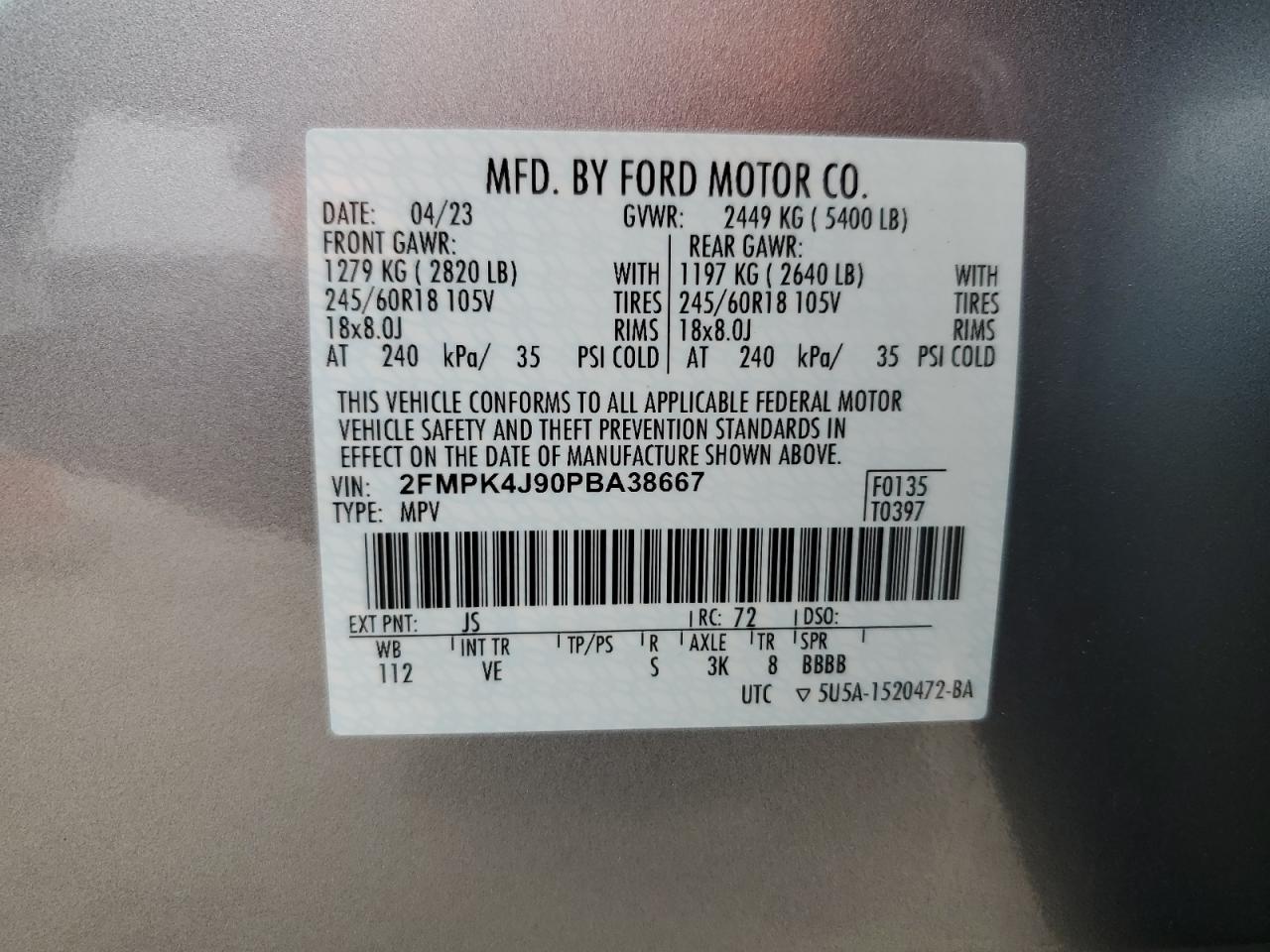 2023 FORD EDGE SEL VIN:2FMPK4J90PBA38667
