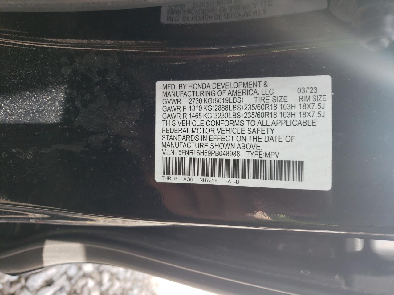 2023 HONDA ODYSSEY EXL VIN:5FNRL6H69PB048988