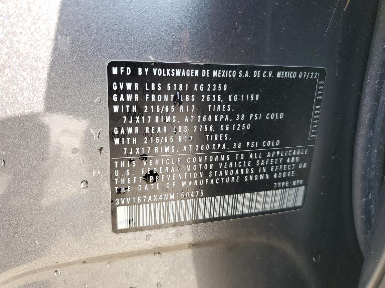 2022 VOLKSWAGEN TIGUAN S VIN:3VV1B7AX4NM150475