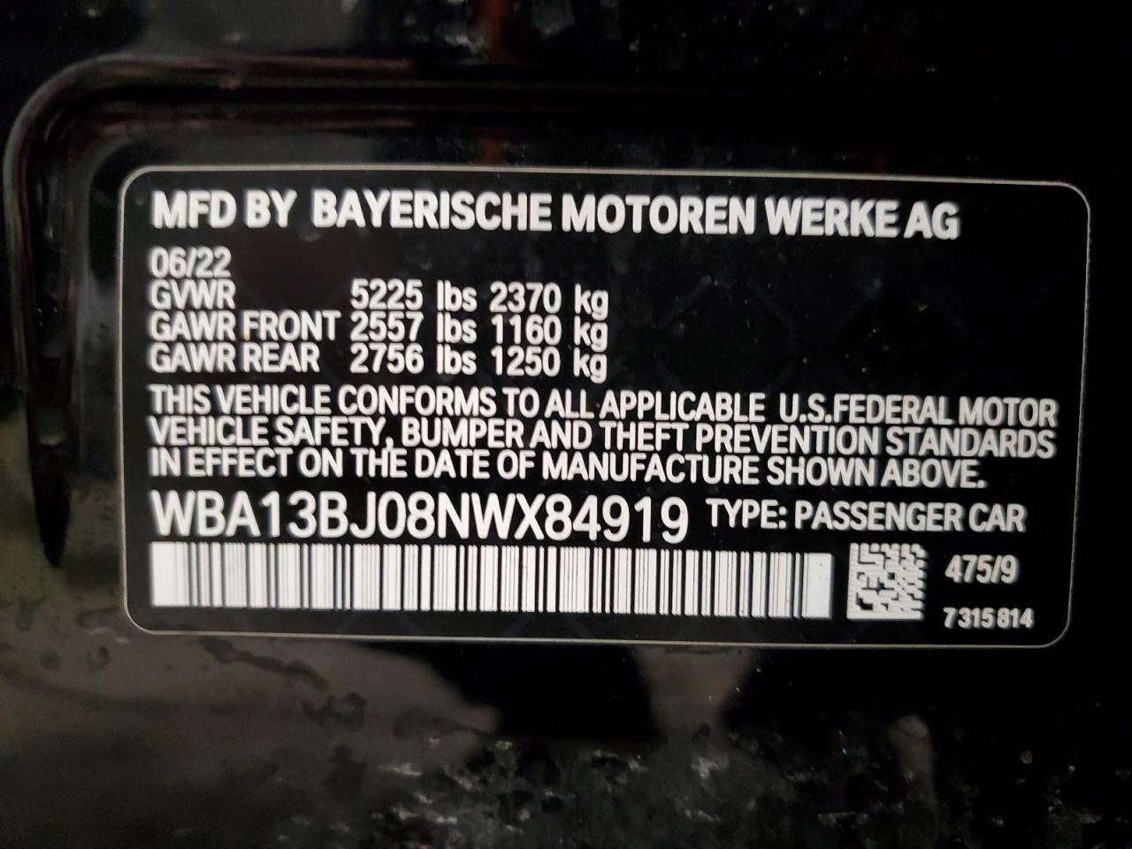 2022 BMW 530 XI VIN:WBA13BJ08NWX84919