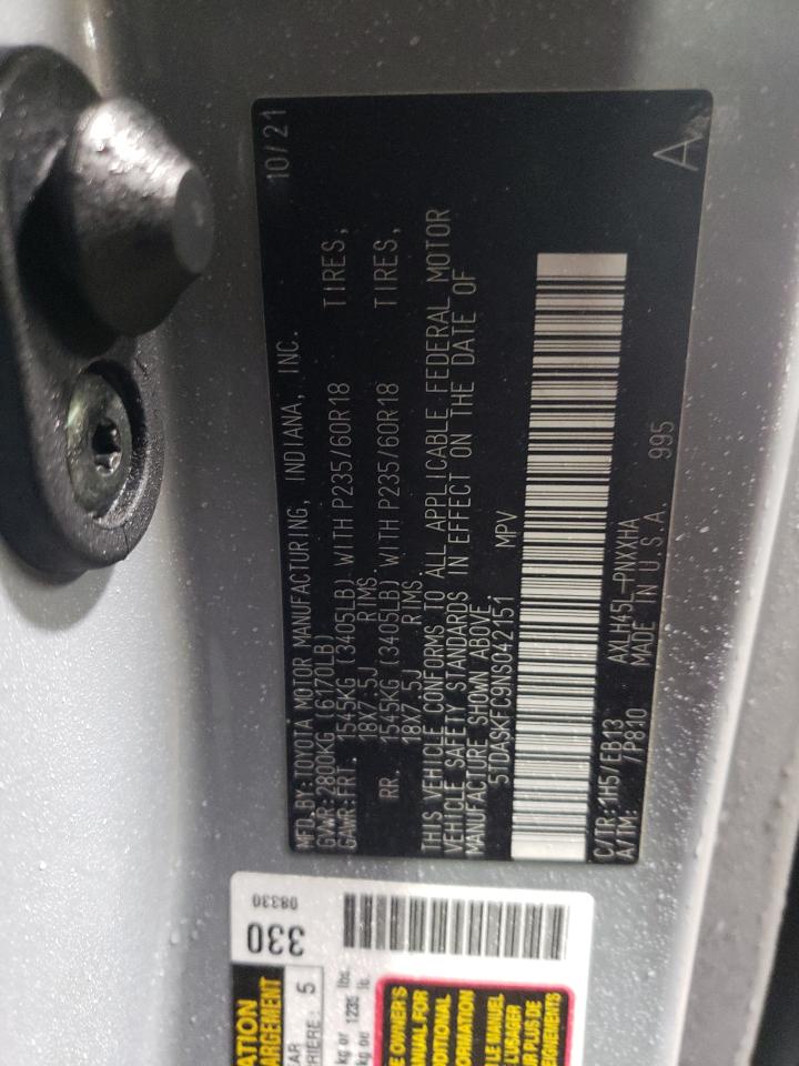 2022 TOYOTA SIENNA XLE VIN:5TDASKFC9NS042151