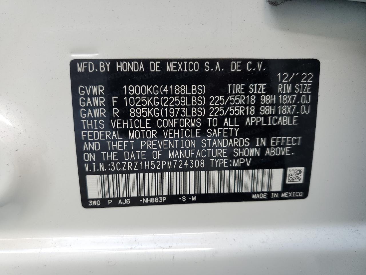 2023 HONDA HR-V SPORT VIN:3CZRZ1H52PM724308