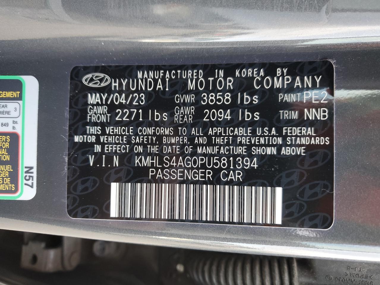 2023 HYUNDAI ELANTRA SEL VIN:KMHLS4AG0PU581394