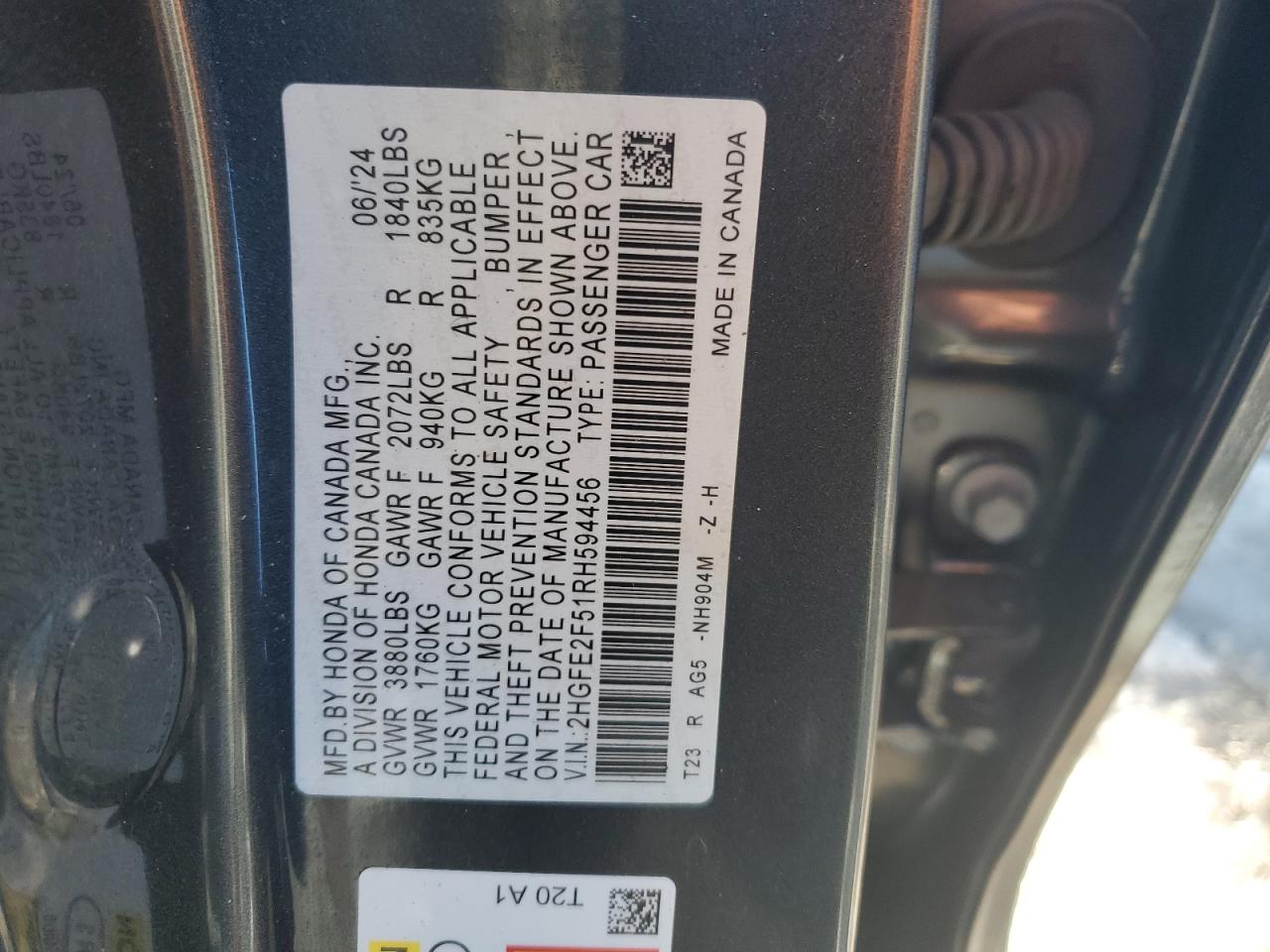 2024 HONDA CIVIC SPORT VIN:2HGFE2F51RH594456
