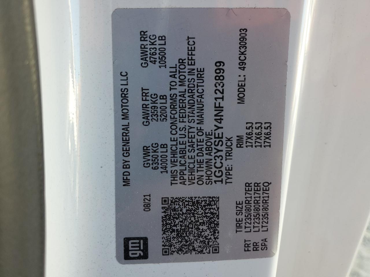 2022 CHEVROLET SILVERADO K3500 VIN:1GC3YSEY4NF123899