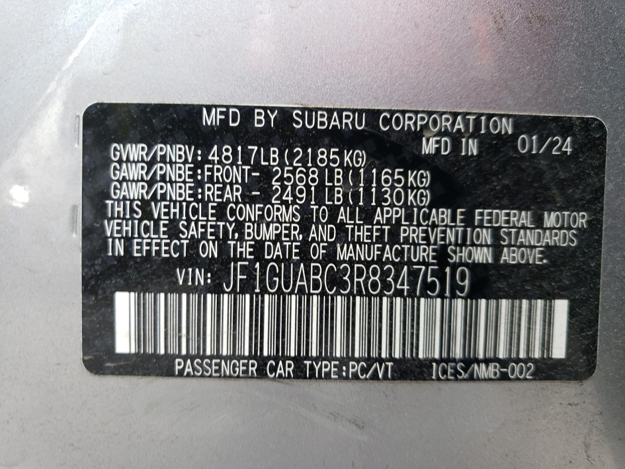 2024 SUBARU IMPREZA  VIN:JF1GUABC3R8347519
