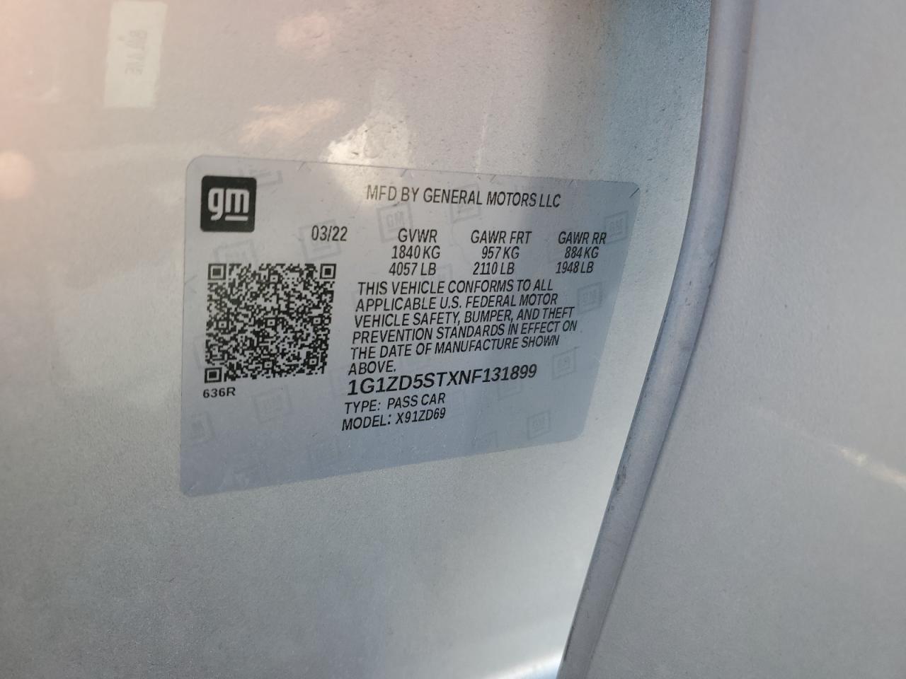 2022 CHEVROLET MALIBU LT VIN:1G1ZD5STXNF131899