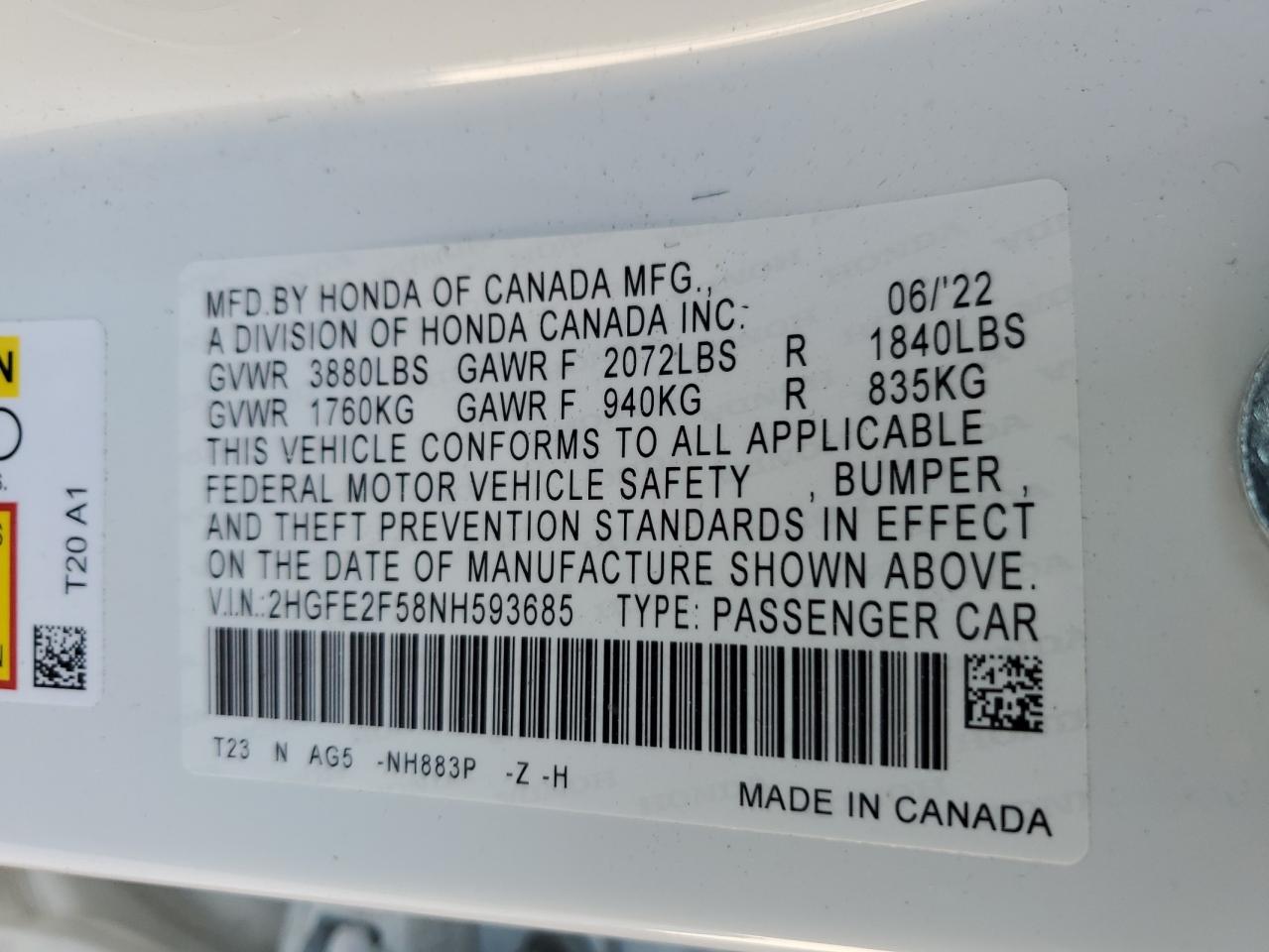 2022 HONDA CIVIC SPORT VIN:2HGFE2F58NH593685