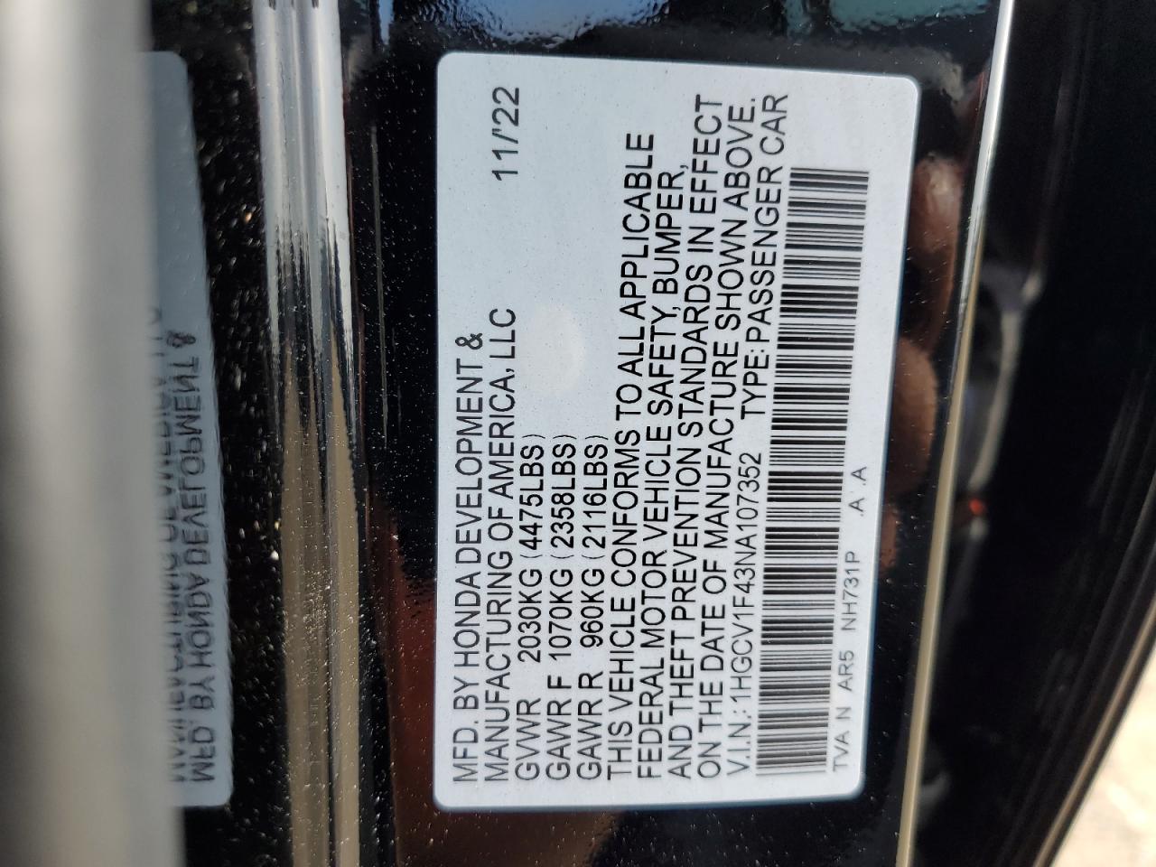 2022 HONDA ACCORD SPORT SE VIN:1HGCV1F43NA107352