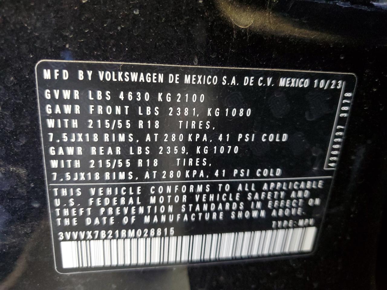 2024 VOLKSWAGEN TAOS SE VIN:3VVVX7B21RM028815