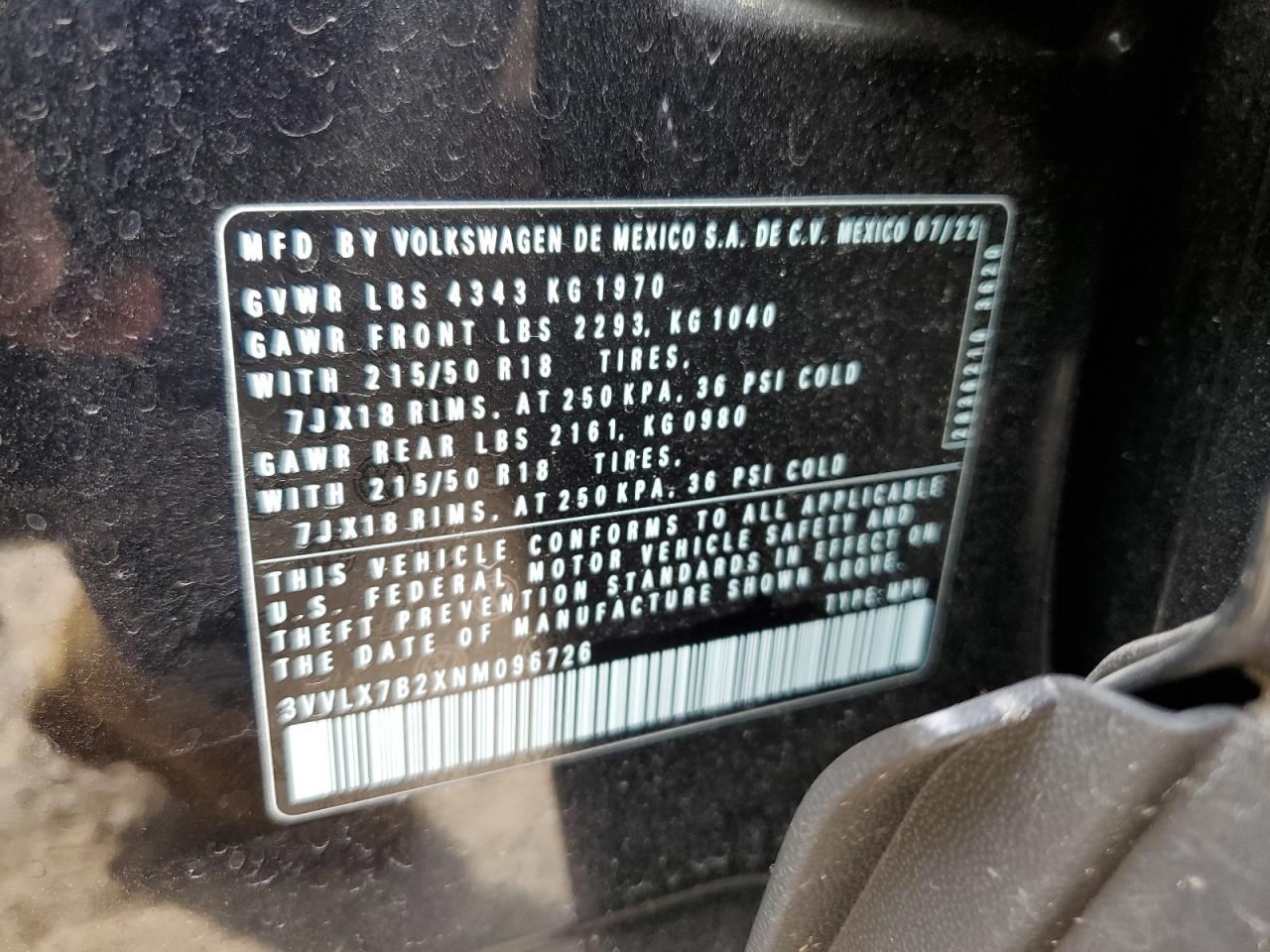 2022 VOLKSWAGEN TAOS SE IQ DRIVE VIN:3VVLX7B2XNM096726
