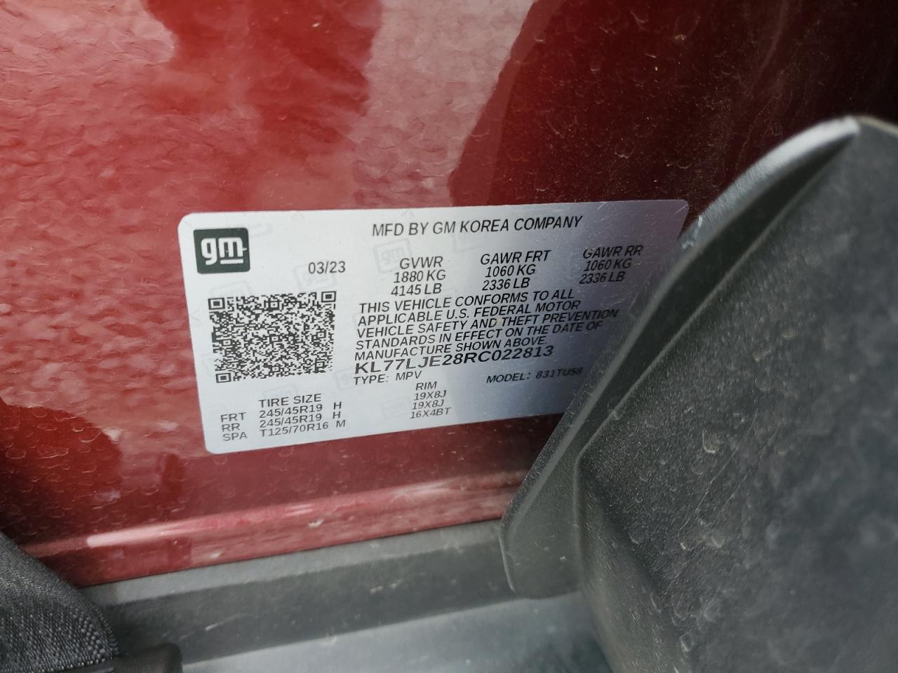 2024 CHEVROLET TRAX 2RS VIN:KL77LJE28RC022813