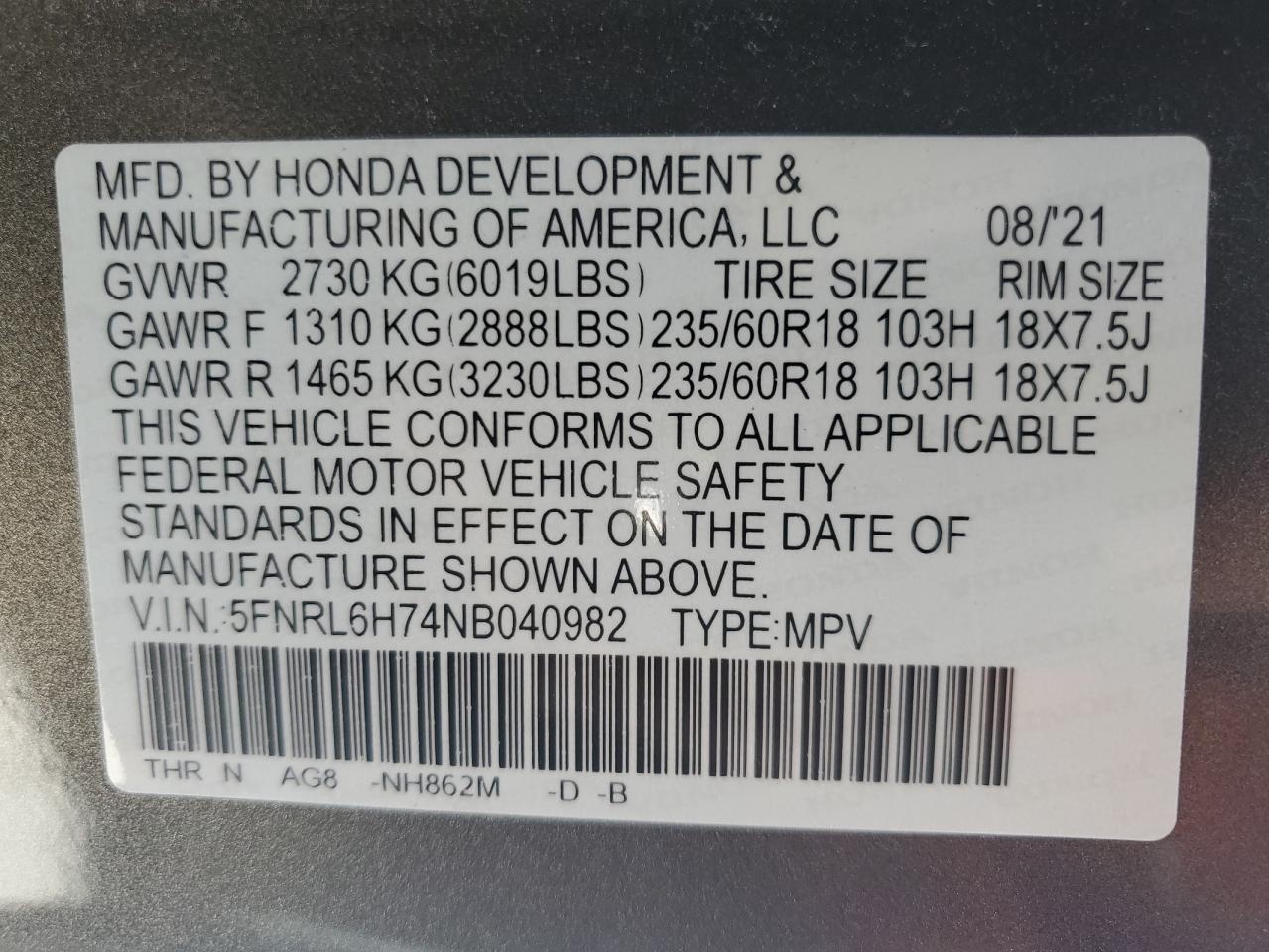 2022 HONDA ODYSSEY EXL VIN:5FNRL6H74NB040982