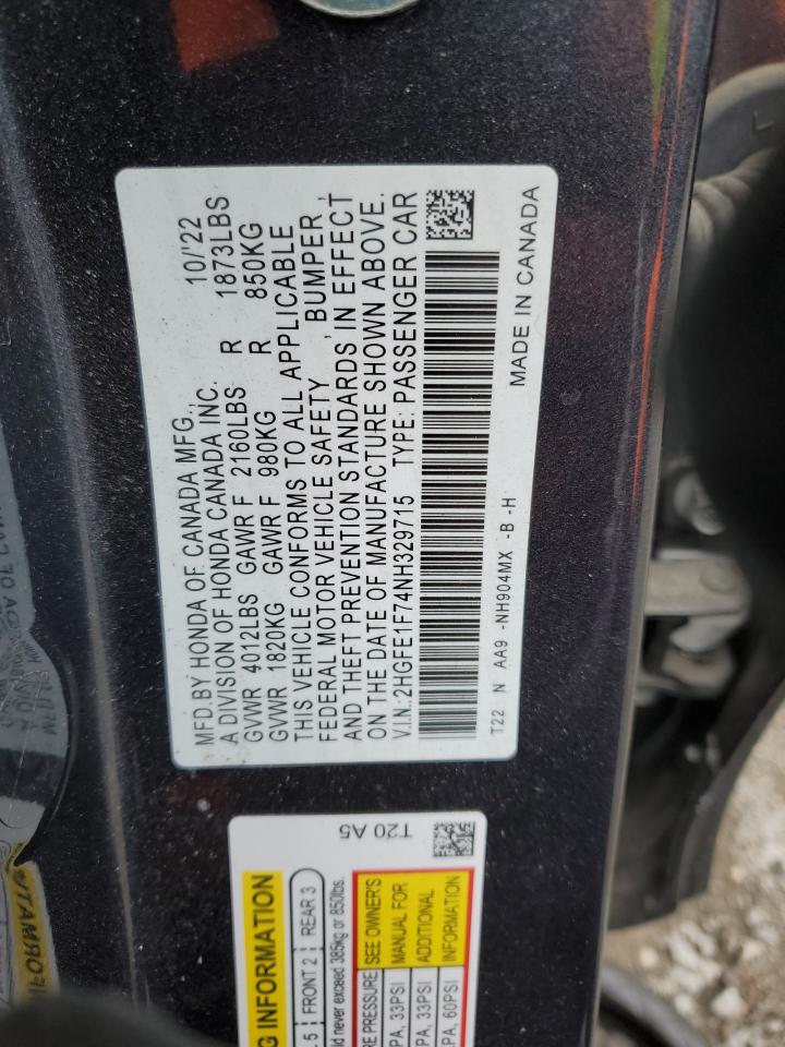 2022 HONDA CIVIC EX VIN:2HGFE1F74NH329715