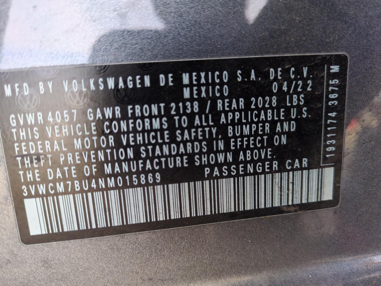 2022 VOLKSWAGEN JETTA S VIN:3VWCM7BU4NM015869