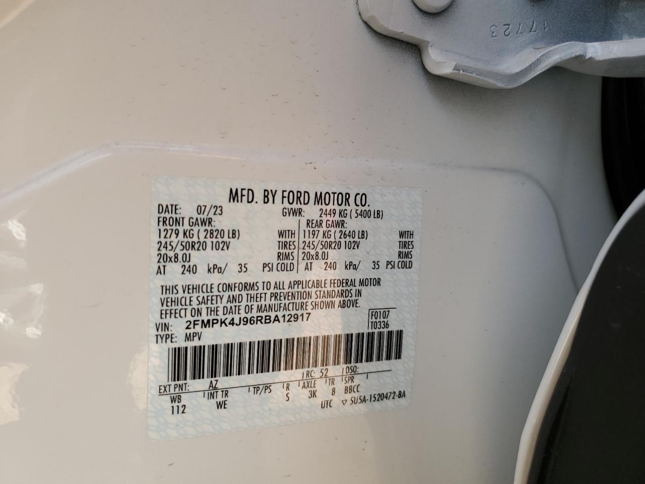 2024 FORD EDGE SEL VIN:2FMPK4J96RBA12917