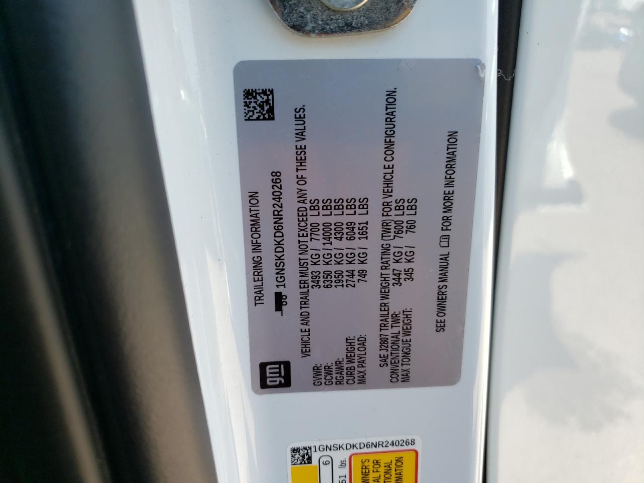 2022 CHEVROLET SUBURBAN K1500 Z71 VIN:1GNSKDKD6NR240268