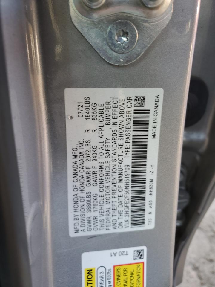 2022 HONDA CIVIC SPORT VIN:2HGFE2F50NH519709