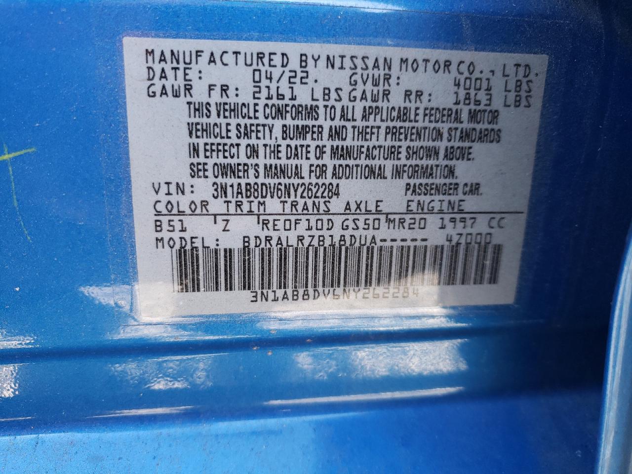 2022 NISSAN SENTRA SR VIN:3N1AB8DV6NY262284