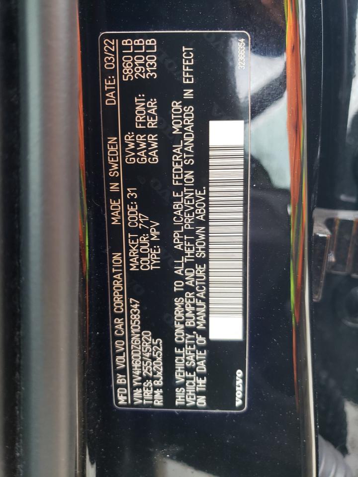 2022 VOLVO XC60 T8 RECHARGE INSCRIPTION EXPRESS VIN:YV4H60DZ6N1058347