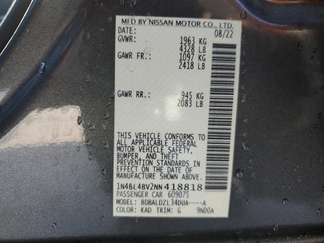 2022 NISSAN ALTIMA S VIN:1N4BL4BV2NN418818