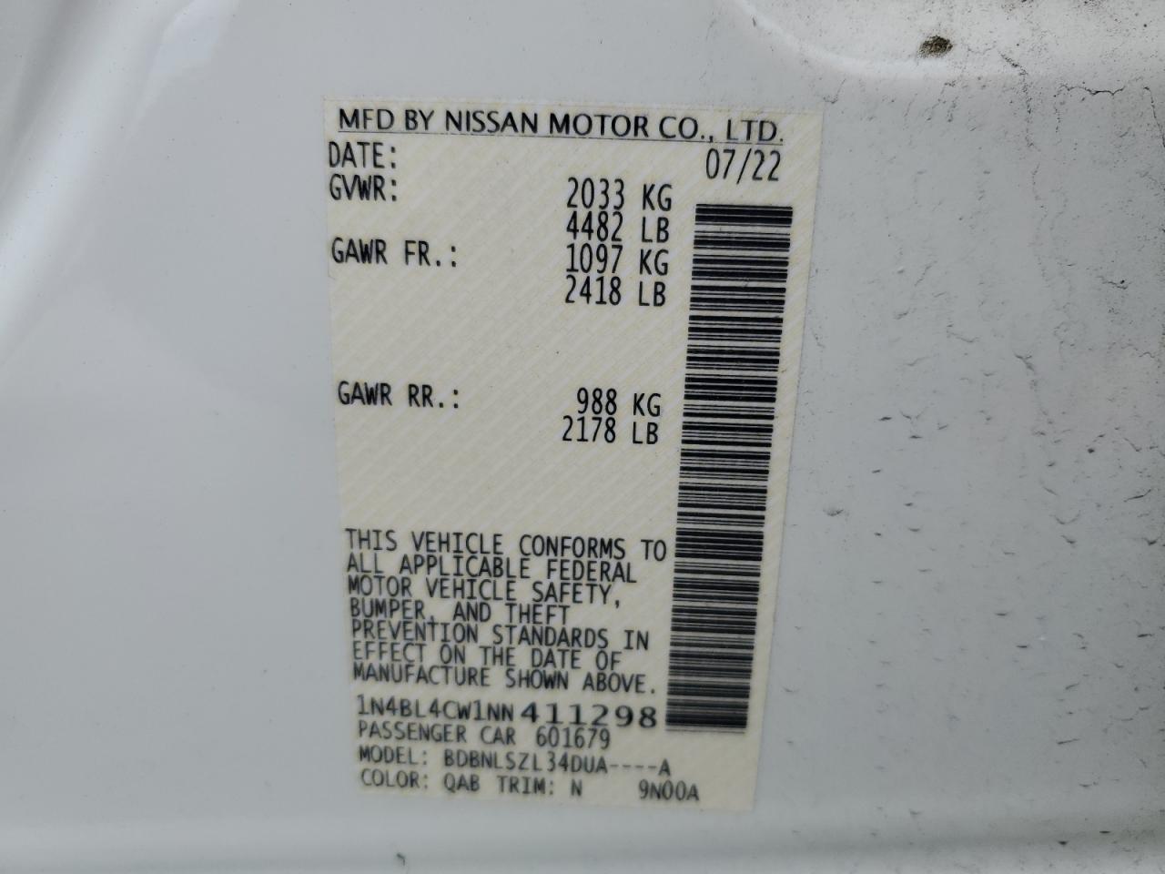 2022 NISSAN ALTIMA SR VIN:1N4BL4CW1NN411298