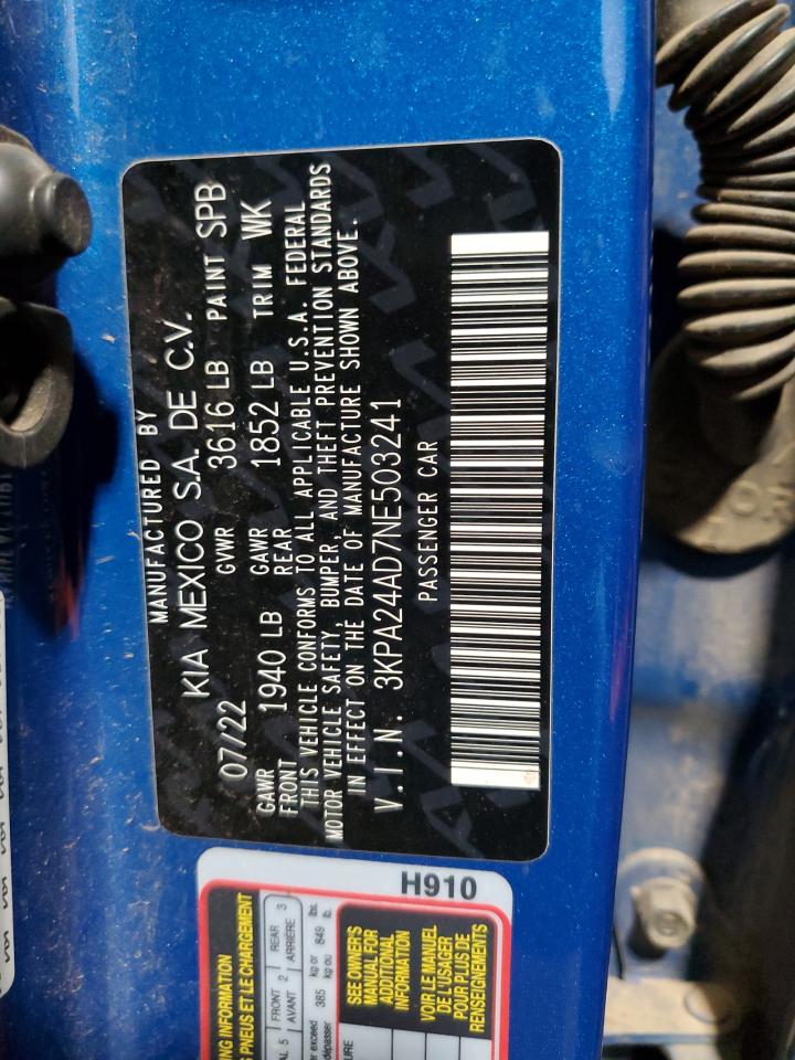 2022 KIA RIO LX VIN:3KPA24AD7NE503241