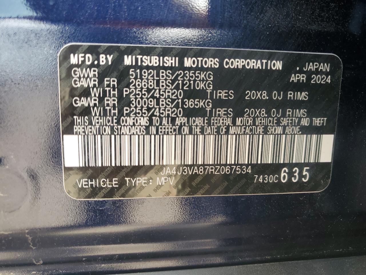 2024 MITSUBISHI OUTLANDER SE VIN:JA4J3VA87RZ067534